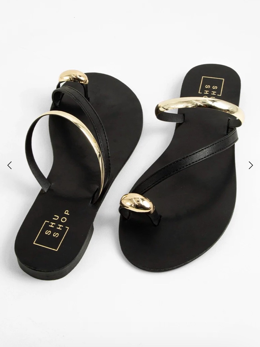 ShuShop Black Sandals with Gold Hardware - Women's Slip-On Toe-Loop